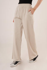 Bel Lastikli Paça Detaylı Cepli Krem Pantolon