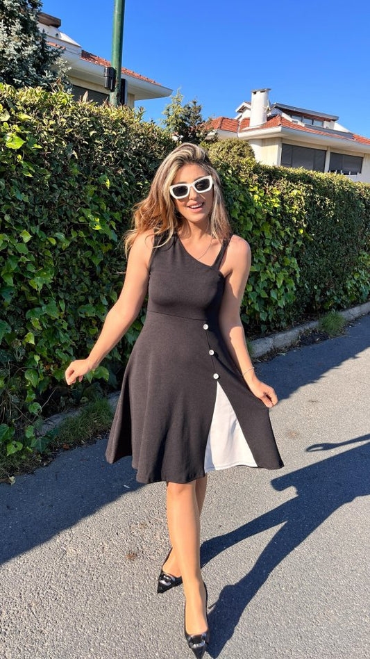 Kadın Tek Omuzu şerit Detaylı Sıfır Kol Yandan Düğme Detaylı Janjan Krep Elbise