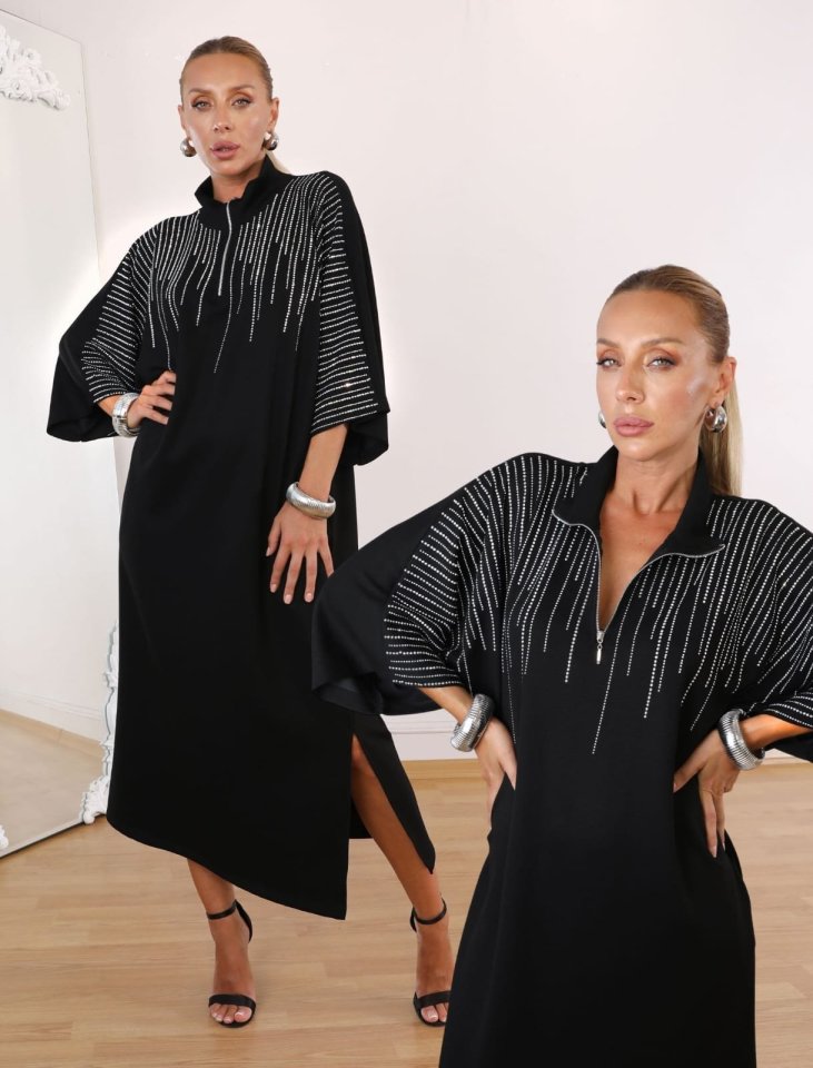 Kadın Hakim Yaka Fakir Kol Taş Detay Maxi Boy Salaş Elbise