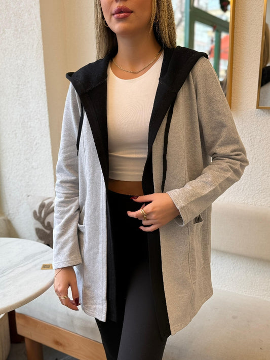 Kadın Uzun Kollu Kapşonlu çift Renkli şardonlu Iki Iplik Ceket