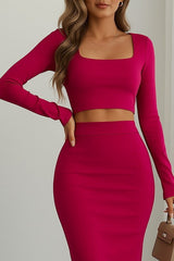 Kadın Uzun Kollu Kaşkorse Crop Ve Etek Takım