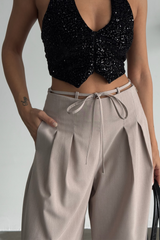 TASARIM SALAŞ  PANTOLON BEL İP DETAYLI - Bej