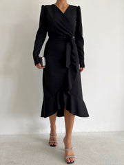 Krep Kumaş Midi Boy Kuşaklı Uzunkol Elbise 113 Cm