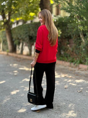 Kadın Uzun Kollu Ribanali Cep Detay Hırka Ve Bol Paça Pantolon Ikili Takım