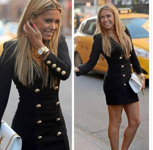 Kadın Uzun Kollu V Yaka Düğme Detay Ceket Elbise