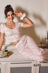 Ekru V Yaka Kısa Kollu Crop Pijama Takımı 7379