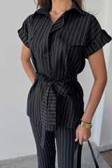 ÇİZGİLİ POLYVİSKON BLUZ - PANTOLON TAKIM - Bordo