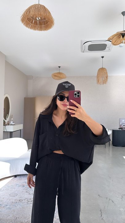 Kadın Flamlı Keten Tek Cep Oversızed Gömlek