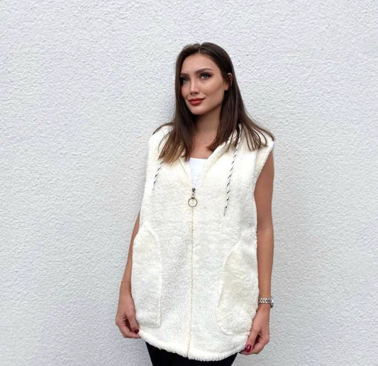 Kadın Kapüşon Ve Fermuar Detay Welsoft Kolsuz Yelek