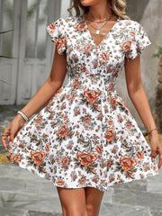 Kadın Kısa Kollu Kruvaze Yakalı çiçek Desenli Süprem Elbise