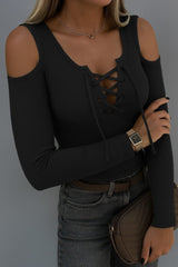 Kadın Omuzlardan Açık Uzun Kollu Bağcıklı Kaşkorse Bluz