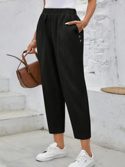 Kadın Yüksek Bel Yandan Cepli Düğme Detaylı Geniş Kesim Ithal Krep Pantolon