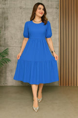 Kadın Kısa Kollu Yakası Açık Katlı Bürümcük Balon Elbise