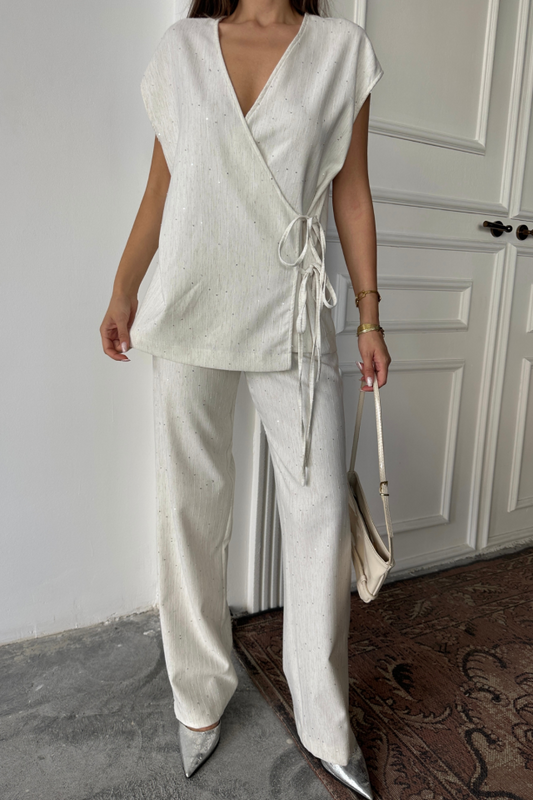 KETEN PULLU KRUVAZE BAĞLAMALI BLUZ - PANTOLON TAKIM - Ham