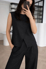 Kadın Keten Kumaş Asimetrik Kesim Bluz Ve Salaş Pantolon Ikili Takım