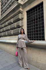 ÇİZGİLİ ARKA TASARIM  DETAYLI  GÖMLEK-PANTOLON TK - Gri