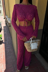 Göğüs Bağcık Detaylı Ajurlu Bluz Pantolon Takım 10098