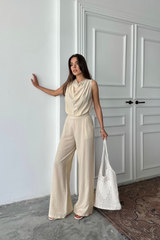 DEGAJE YAKA KOLSUZ BLUZ - PANTOLON TAKIM - Gri