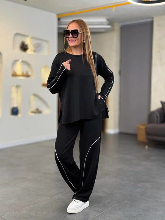 Kadın Uzun Kollu Biye Detay Modal Kumaş Salaş Ikili Takım