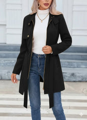 Kadın Uzun Kollu Boyundan Düğmeli Fermuarlı Beli Kuşaklı Süet Ceket
