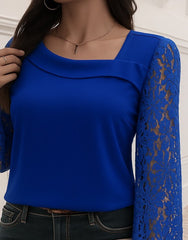 Kadın Uzun Kollu Asimetrik Yakalı Dantelli Ithal Krep Bluz