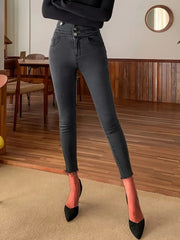 Kadın Yüksek Bel önden Düğmeli Cepli Dar Kesim Detaylı Kot Pantolon