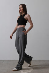 Beli Yarım Lastikli Palazzo Pantolon - Gri-Beyaz