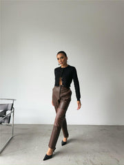 DERİ PANTOLON DİZ PARÇALI - Siyah