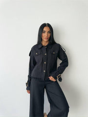 KETEN PÜSKÜL DETAYLI GÖMLEK-PANTOLON TAKIM - Ham