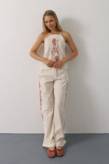 Boncuk İşlemeli Askılı Pantolon Takım - Natür
