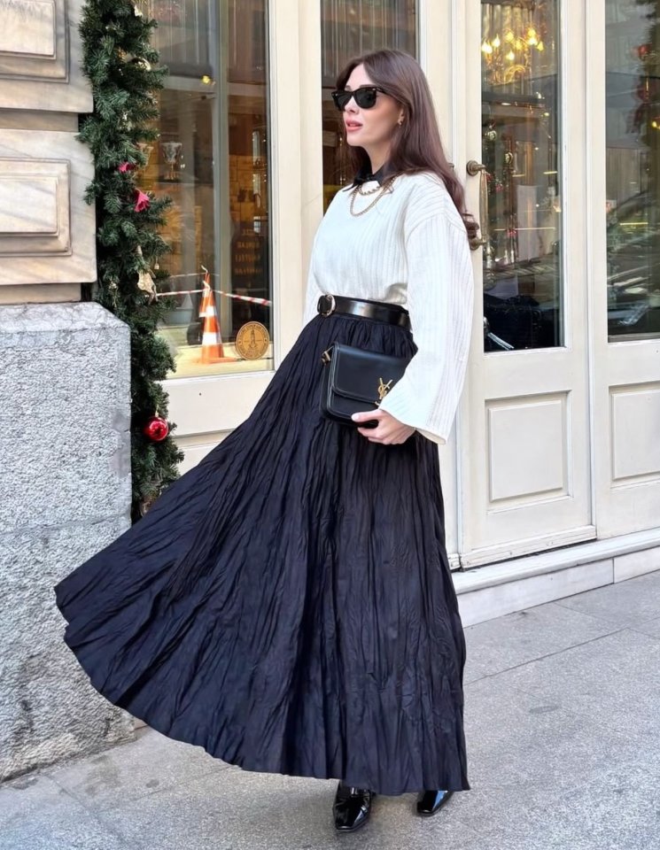 Midi Boy Pileli Saten Siyah Etek