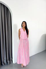 KETEN ÇİZGİLİ YELEK - UZUN ETEK TAKIM - Mavi