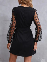 Kadın Uzun Kollu Bisiklet Yaka Kollar Tül Kelebek Detaylı Ithal Krep Elbise