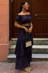 Büzgülü Crop Kat Detaylı Fırfır Etekli Takım 10196