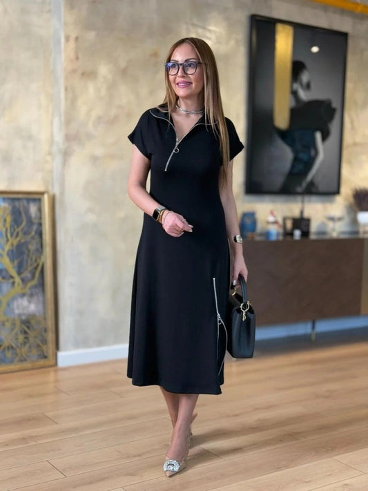 Kadın Kısa Kollu Yakadan Ve Etekten Fermuarlı Midi Viskon Iki Iplik Elbise