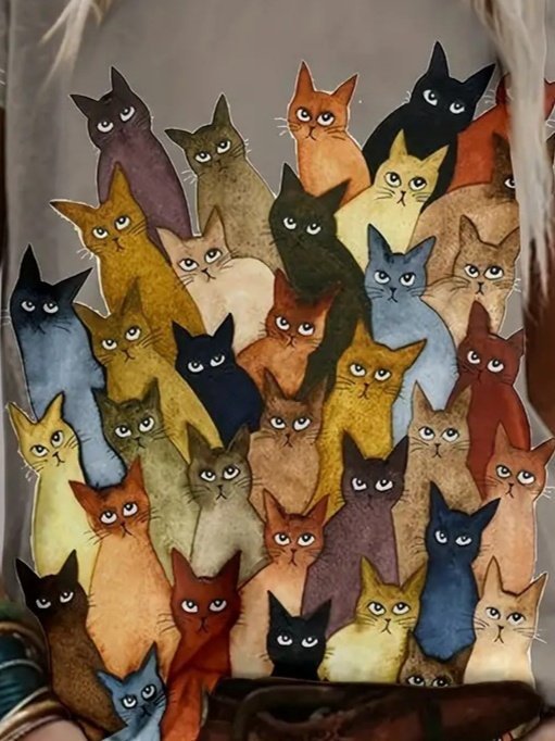 Kadın Kısa Kollu Bisiklet Yaka Kedi Desenli Süprem Bluz