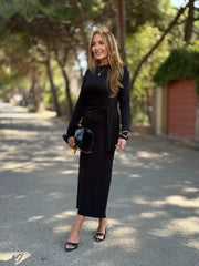 Kadın Uzun Kollu Bisiklet Yaka Yandan Bağlamalı Uzun Modal Elbise