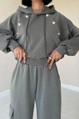 Bej Kapüşonlu Sweatshirt Ve Kargo Pantolon Takım