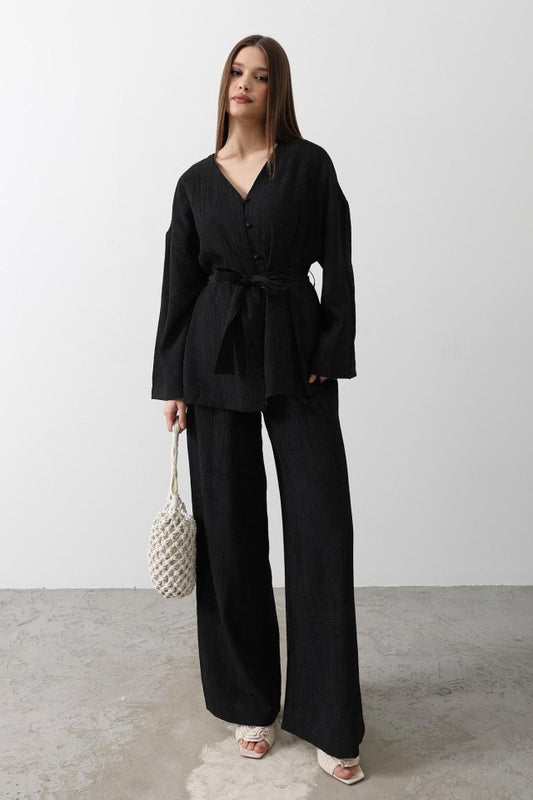 Beli Bağlamalı Tunik Ve Beli Bağlamalı Pantolon Takım - Siyah