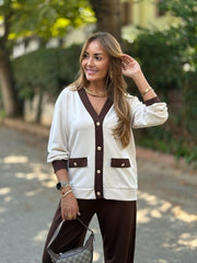 Kadın Uzun Kollu Ribanali Cep Detay Hırka Ve Bol Paça Pantolon Ikili Takım