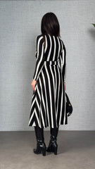 Kadın Uzun Kollu Kruvaze Yaka Kemer Dahil çizgili Triko Elbise