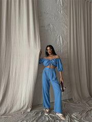 KETEN CROP BLUZ BÜZGÜ YAKA + PANTOLON TAKIM - Mavi