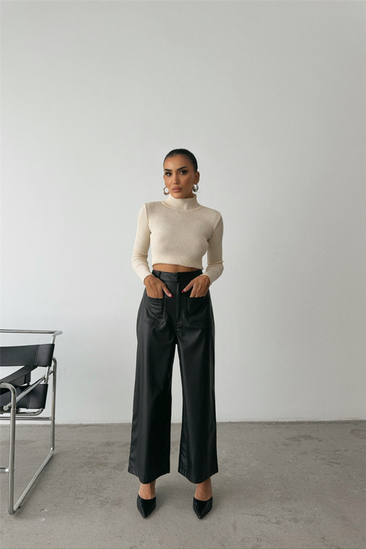 ÖN CEP DETAYLI DERİ PANTOLON - Siyah