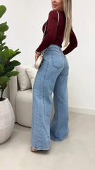 Kadın Yüksek Bel Paçaya Doğru Geniş Kesimli Kot Pantolon