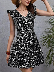 Kadın Kısa Kollu V Yakalı Desenli Fırfırlı Süprem Elbise