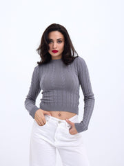 42491 TRİKO SAÇ ÖRGÜ CROP KAZAK-VİZON