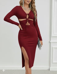 Kadın Uzun Kollu Göğüs Ve Göbek Dekolte Detay Sandy Midi Boy Elbise