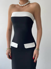 Cep Detaylı Straplez Elbise