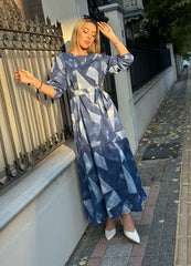 Kadın Uzun Kollu Bisiklet Yaka Geometrik Desen Baskılı Kuşak Dahil Maxi Boy Elbise