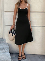 Kadın Ip Askılı Geniş V Yakalı Midi Janjan Krep Elbise